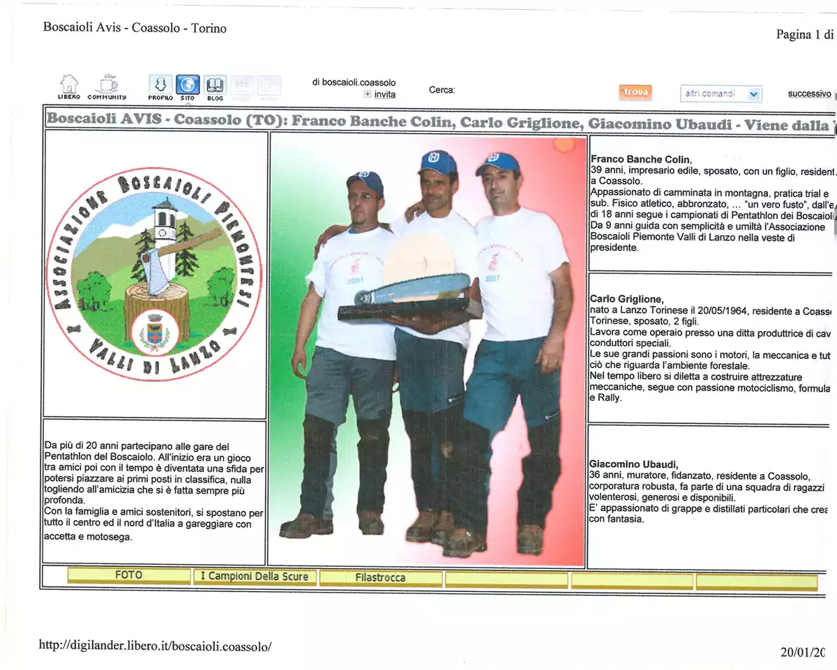 Home page del sito creato per la vittoria nel campionato italiano